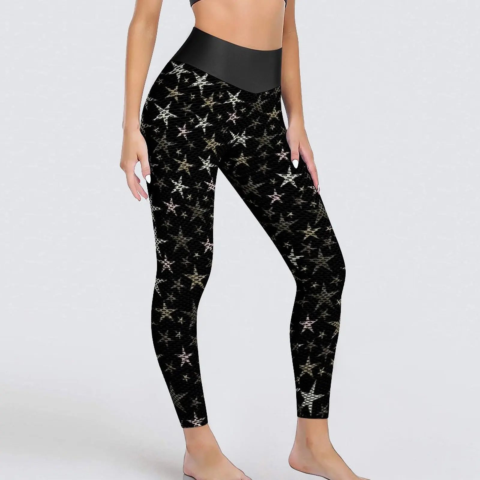 Bright Star Leggings Sexy Black Silver Shiny Stars Print High Waist Yoga Pants Sweet Stretchy Leggins Lady Workout Sport Legging