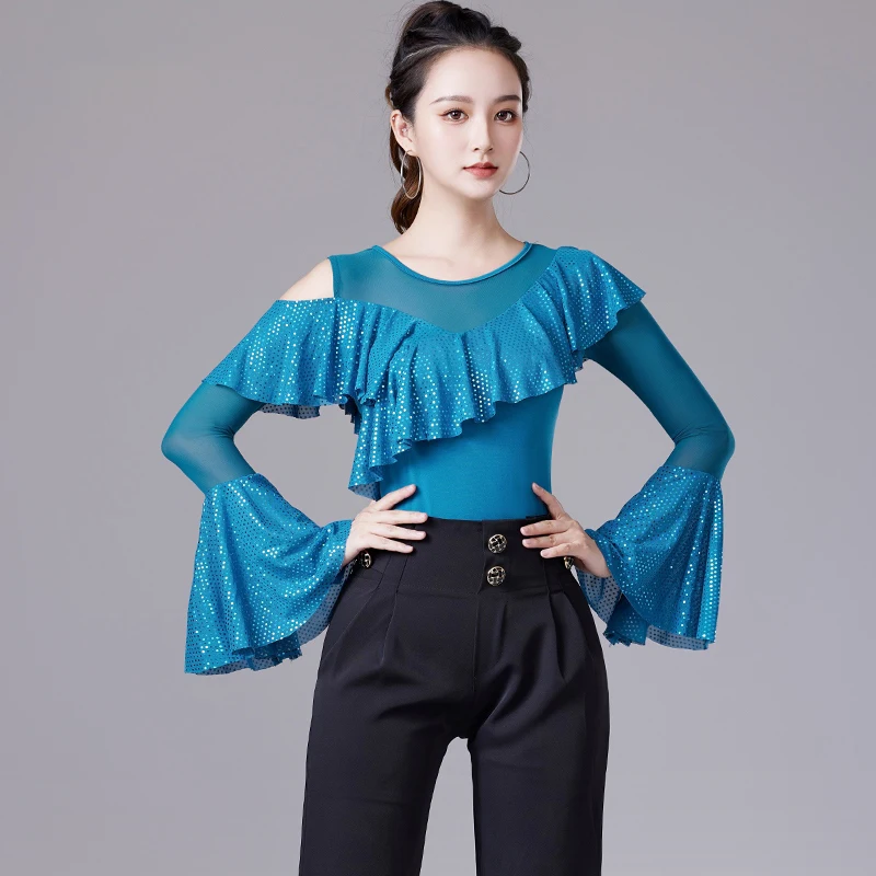 

Women's Ballroom Dance Practice Tops Adult Latin Dance Wear Prom Waltz Tango Stage Clothes Sequined Long Sleeves Bodysuit XH1247