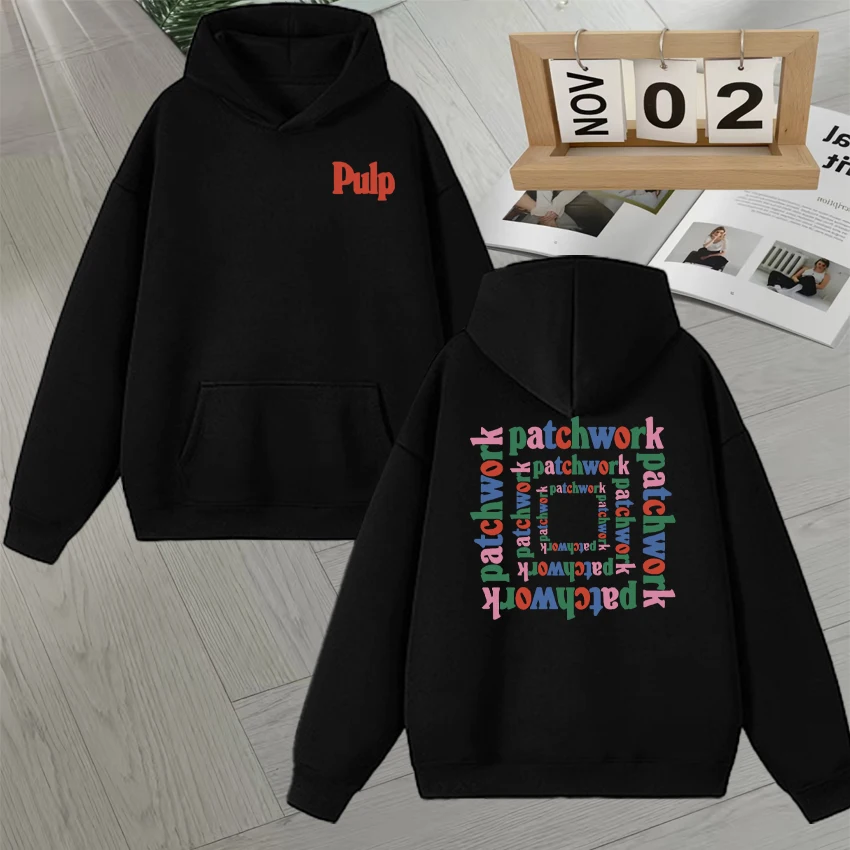 

Hot Patchwork Repeat Logo Black Sweatshirt Rock Band Pulp Print Hoodie Men Women Hip Hop Streetwear Unisex Fleece Loose Pullover