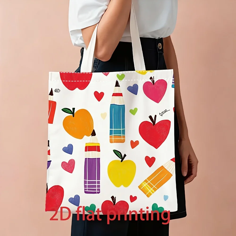 Shopping Bags Canvas Printing Cute Colorful Apple Heart Stationery Foldable Tote Bag Fixed Shoulder Strap
