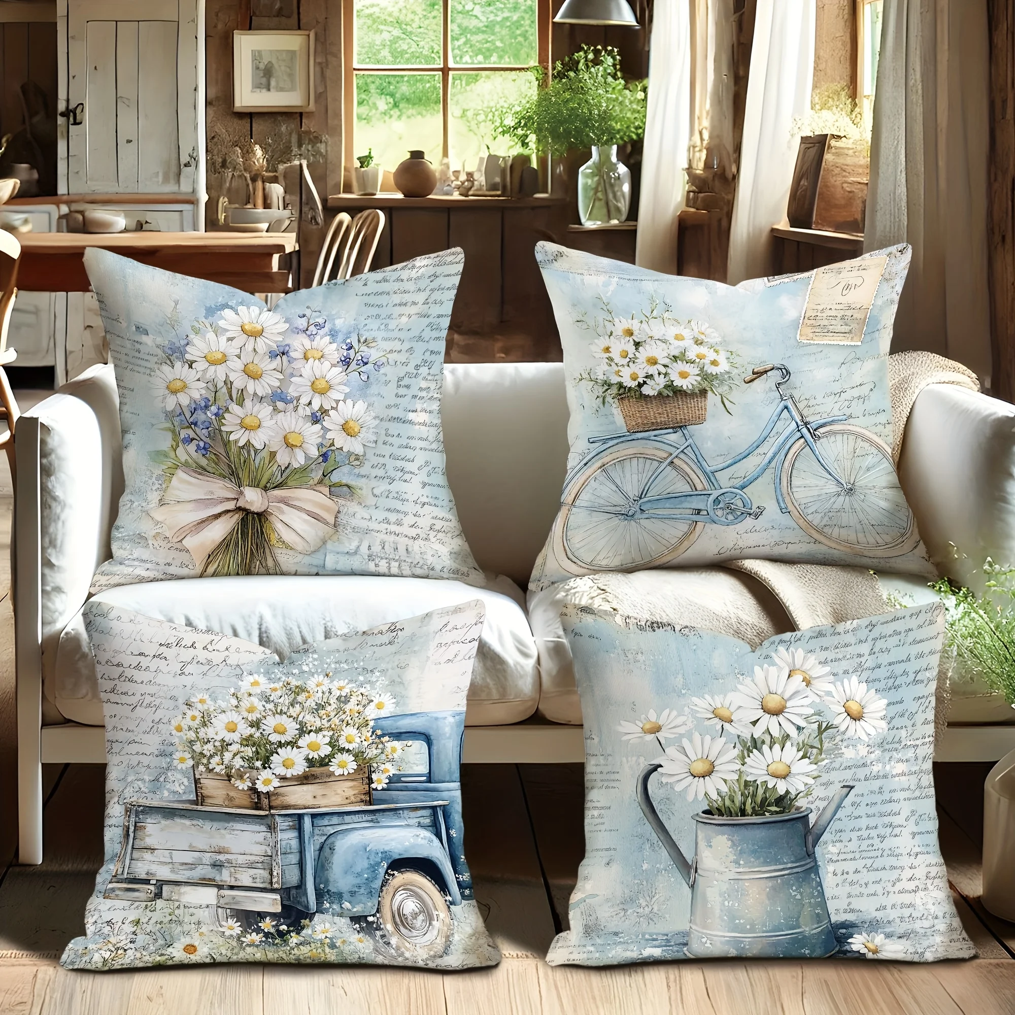 Four-Piece Set of Vintage Floral and Botanical Print Throw Pillow Covers for Rustic Farmhouse Decor