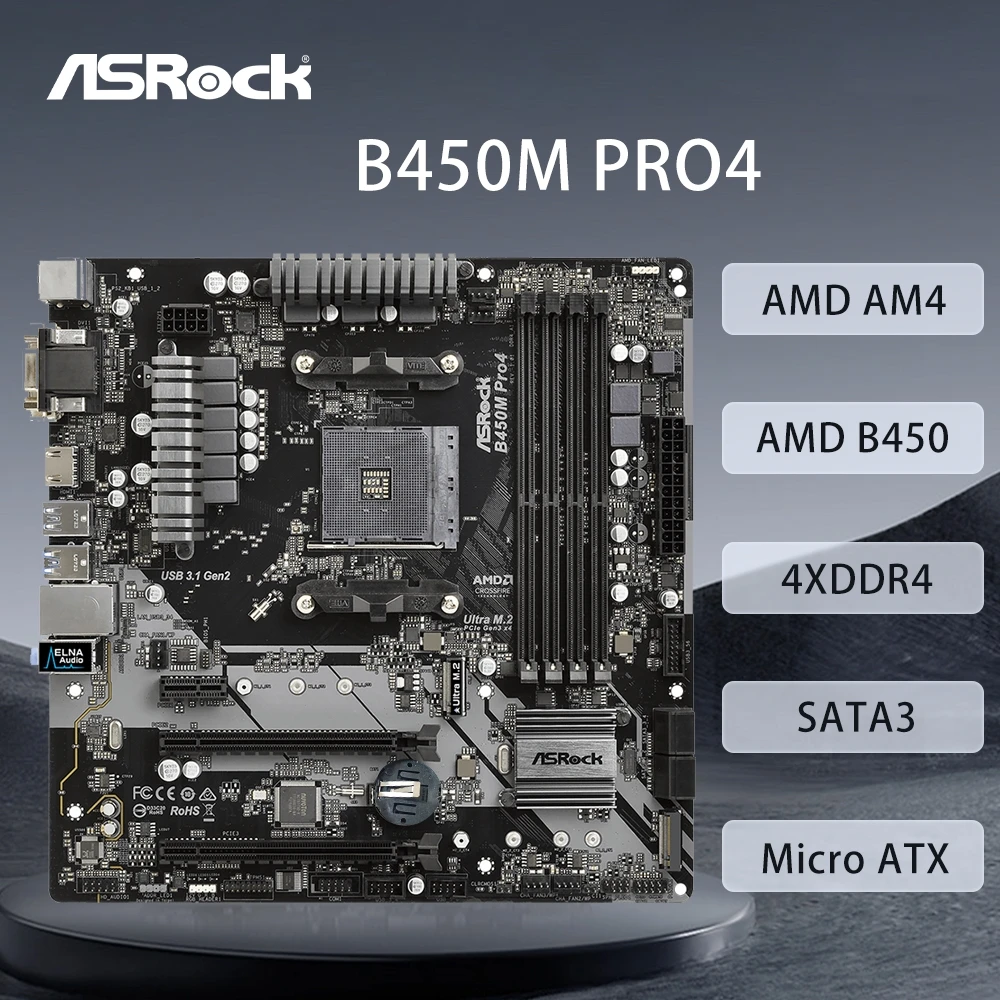 

ASRock B450M PRO4 Motherboard AMD AM4 Supports 5950X 5800X3D 5700X 5600X 5600G 1700X 2700X CPU 4xDDR4 M.2 HDMI mATX Mainboard