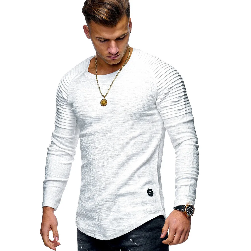 Men's Slim Round Neck Long Sleeve T-shirt Men's Arms Folded Personality European and American Style Casual Base Shirt T-shirt