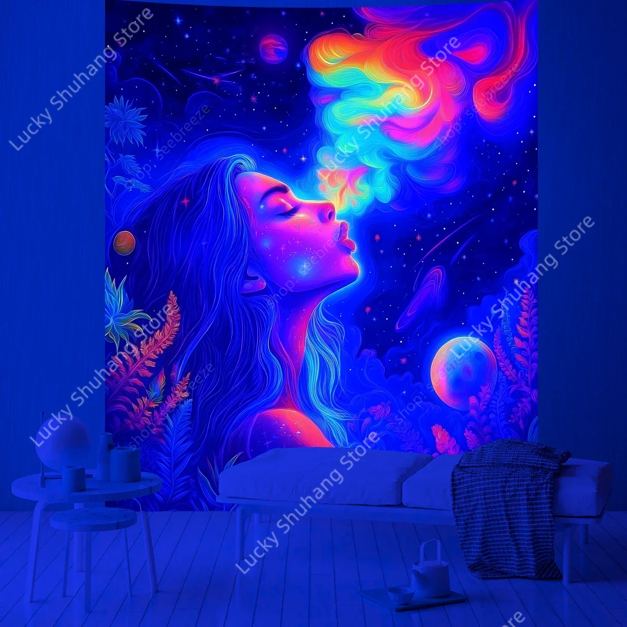 Vibrant Rainbow Smoke Cosmic UV Tapestry Psychedelic Wall Art for Bedroom Aesthetic Boho Decor Dreamy Galaxy Themed Hanging