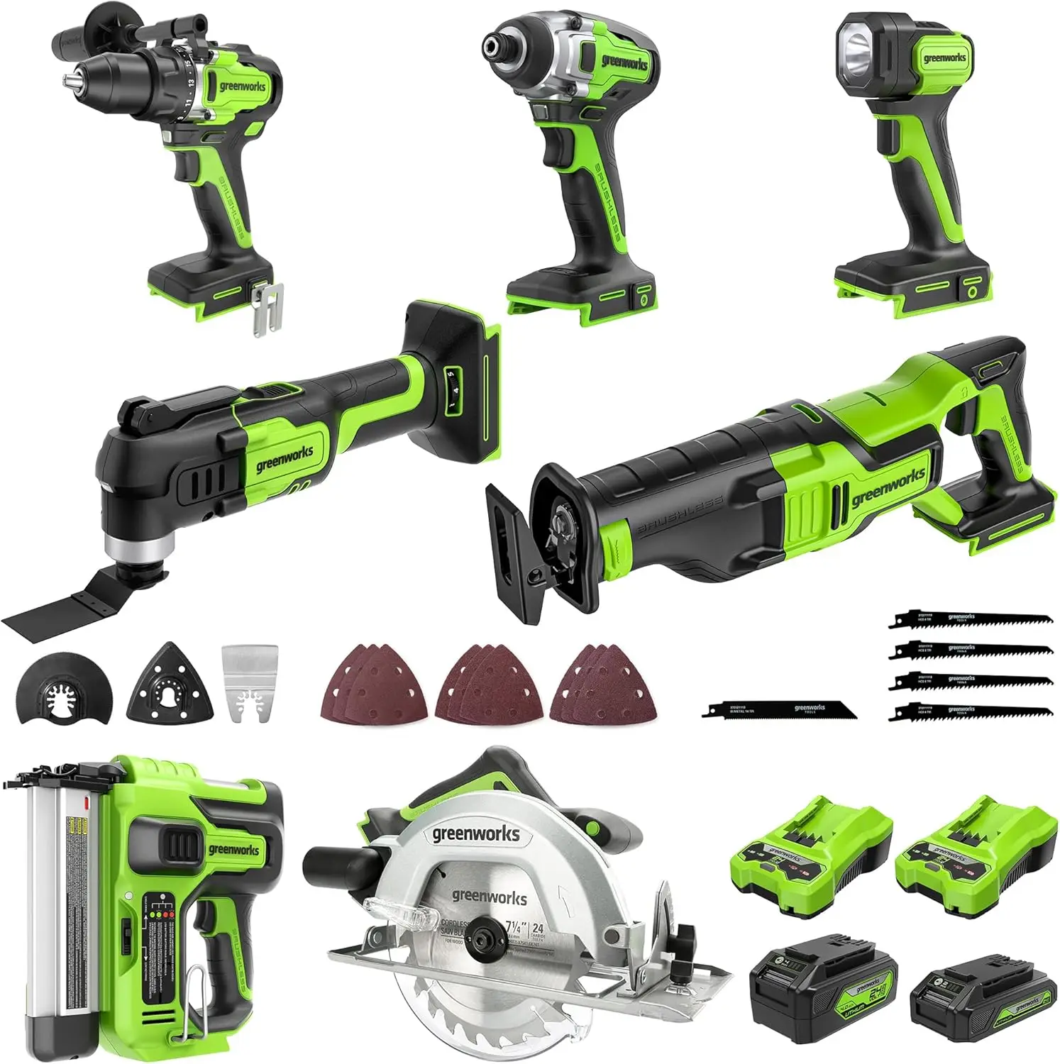 24V 7pcs Combo Kit w/2.0Ah & 4.0Ah USB Batteries & (2) Chargers. 800in/lb Drill, Impact Driver, Multi-tool, Reciproca