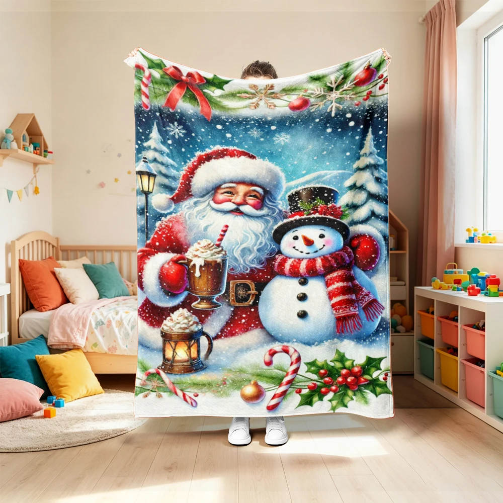1Pc Flannel Blanket Christmas Theme Santa Claus Snowman And Elk Patterns Printed Blanket, Suitable for Office, Home,Holiday Gift view 6