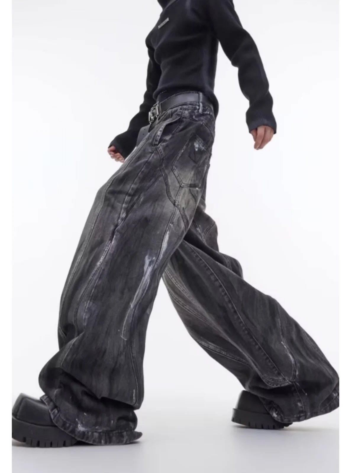 Original Heavyweight Distred Wide Leg Loose Jeans Hand-Painted Design Casual High Waist Trousers Youth Faion Straight Leg