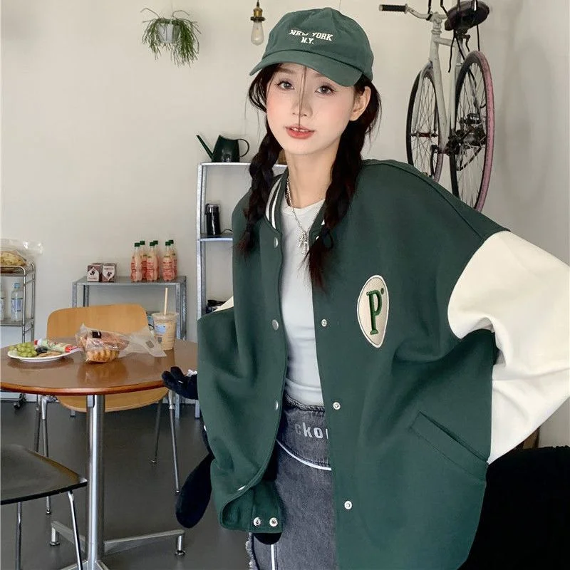 2024 Korean Style College Varsity Jackets Green Bomber Coats Streetwear Couple Loose Harajuku Baseball Jacket Women Oversize