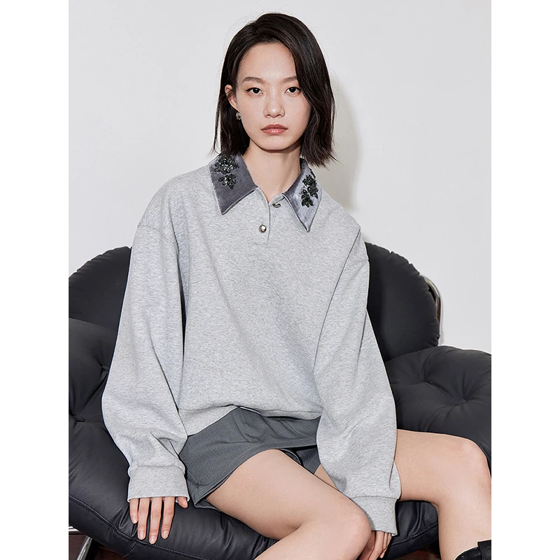 TOYOUTH Women Hoodies Sweatshirt 2024 Autumn New Bead Embroidery Turn Down Collar Long Sleeve Pullover Tops Gray