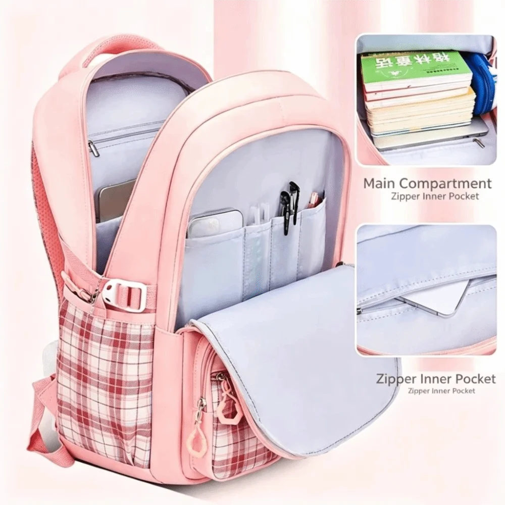 Cute Large Capacity School Backpack Checkered Bow Student Backpack Waterproof Plaid Kids Backpack Back To School