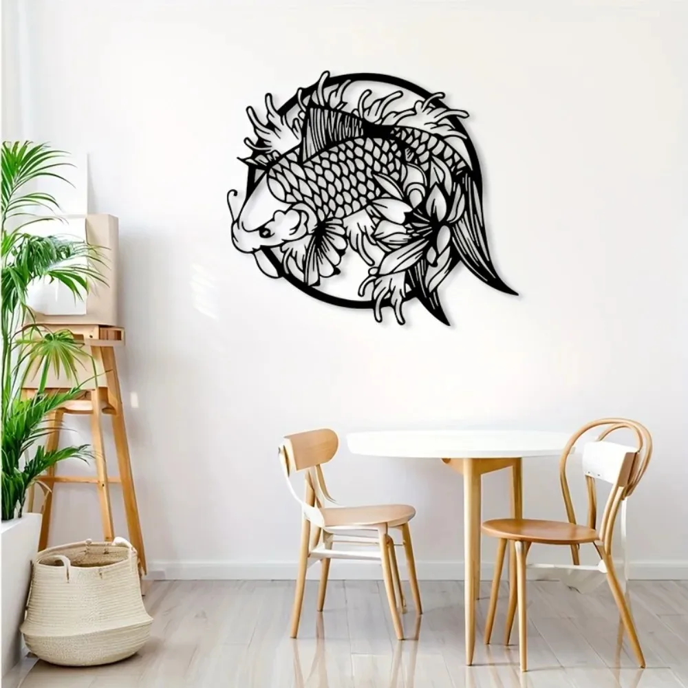 Black Iron Koi Fish Metal Wall Art 2D Lotus Pond Decor for Indoor Outdoor Zen Feng Shui Asian Home