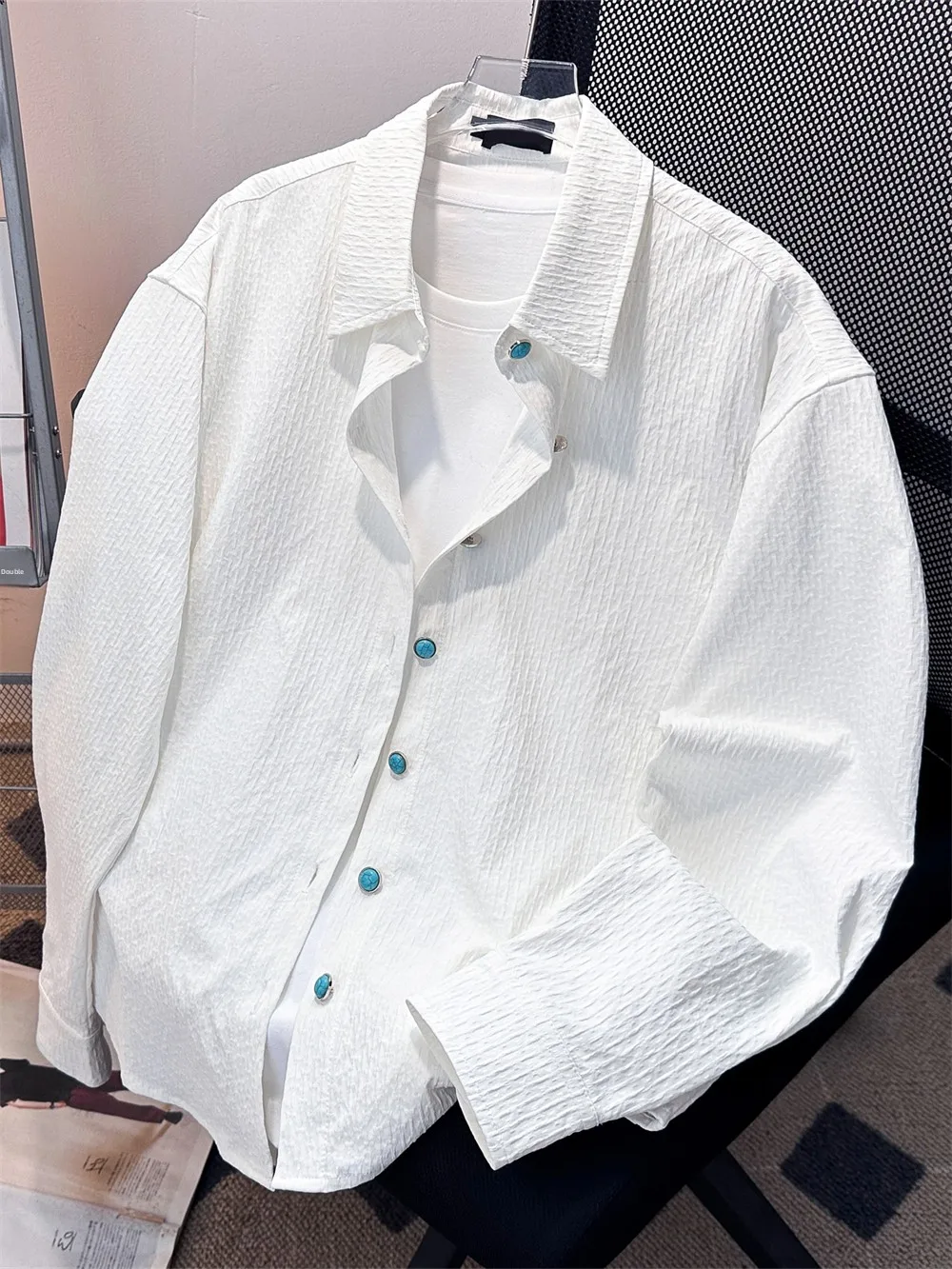 Men's Long Sleeve Shirt Green Turquoise Folded Cleanfit Jacket White Loose Fit Casual Handsome Style Chinese Brand Clothing