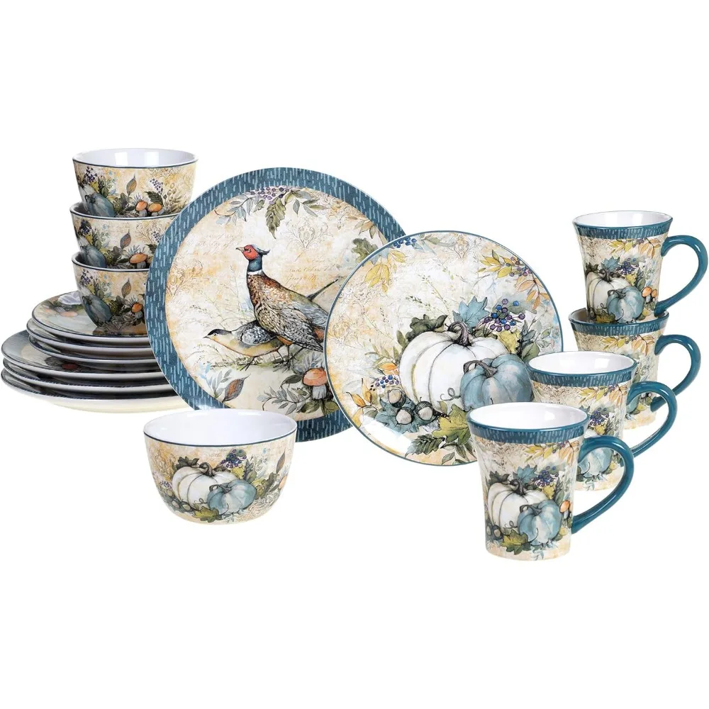 

Разноцветный осенний набор керамической посуды из 16 предметов на 4 июля, с тарелками на осень, мисками и кружками с тыквой и фазанами.