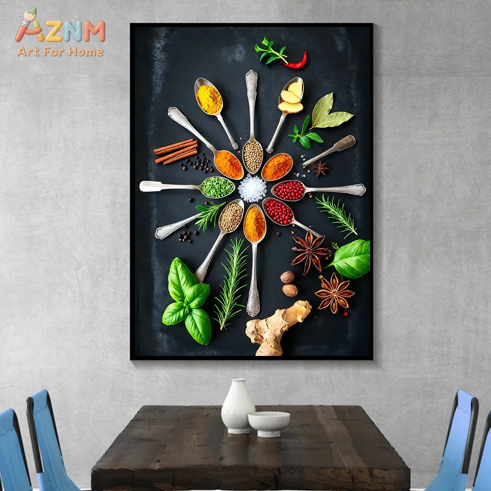 AZNM Kitchen Spices and Herbs Canvas Wall Art, Colorful Cooking Seasoning Print Poster, Unframed Modern Food Photography Paintin