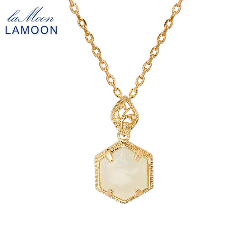 

LAMOON Vintage Bijou Natural Jade Pendant Necklace For Women Nephrite Gemstone 925 Sterling Silver Gold Plated Fine Jewelry Gift