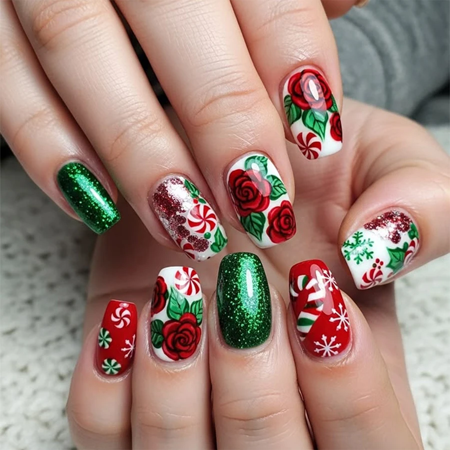 24-Piece Set of Christmas Red Rose Candy Cane Press-On Nails, Red and Green Glitter Holiday Fake Nails, Removable Jelly Glue Nail Stickers, Complete Set Including Nail File