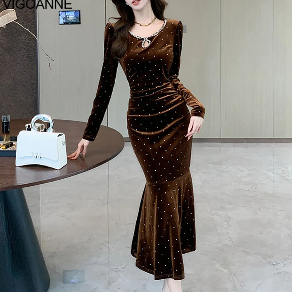 VigoAnne 2025 Autumn Solid Slim Mermaid Velvet Dress Woman Long Sleeve Korean Dress Lady Crystal Evening Party Tight Long Dress