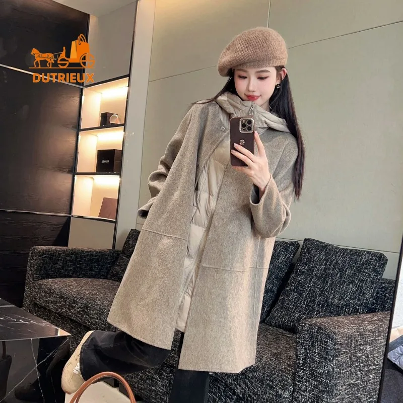 2024 Winter New Coat for Women, Spliced Cashmere Hooded Mid-length Down Jacket with Detachable Lining and Down Vest for Warmth