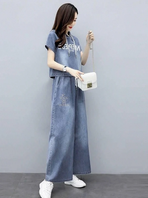 Retro Hong Kong Style Women's Denim Wide Leg Pants Set Slimming Summer 2026 New Fashion Two Piece Set Casual Comfortable