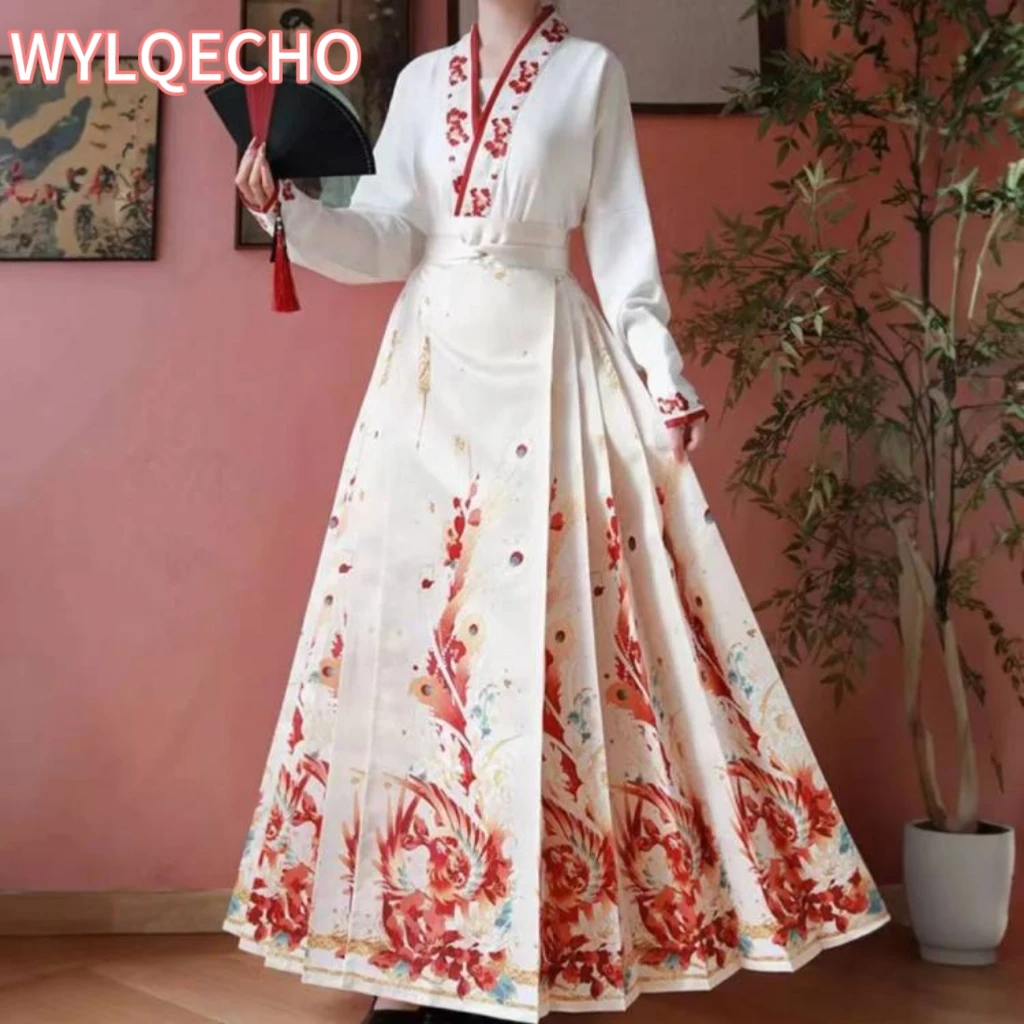 

Vintage Hanfu Horse Face Skirt Fashion Women Chinese Traditional Hanfu 2PCS Shirt Pleats Skirt Set White Red Black Mamianqun