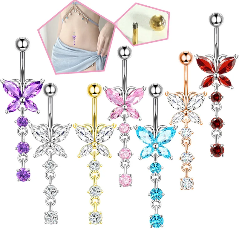 14GA Golden Butterfly with Dangling Flower 316L Stainless Steel Navel Belly Button Ring Piercing Jewelry