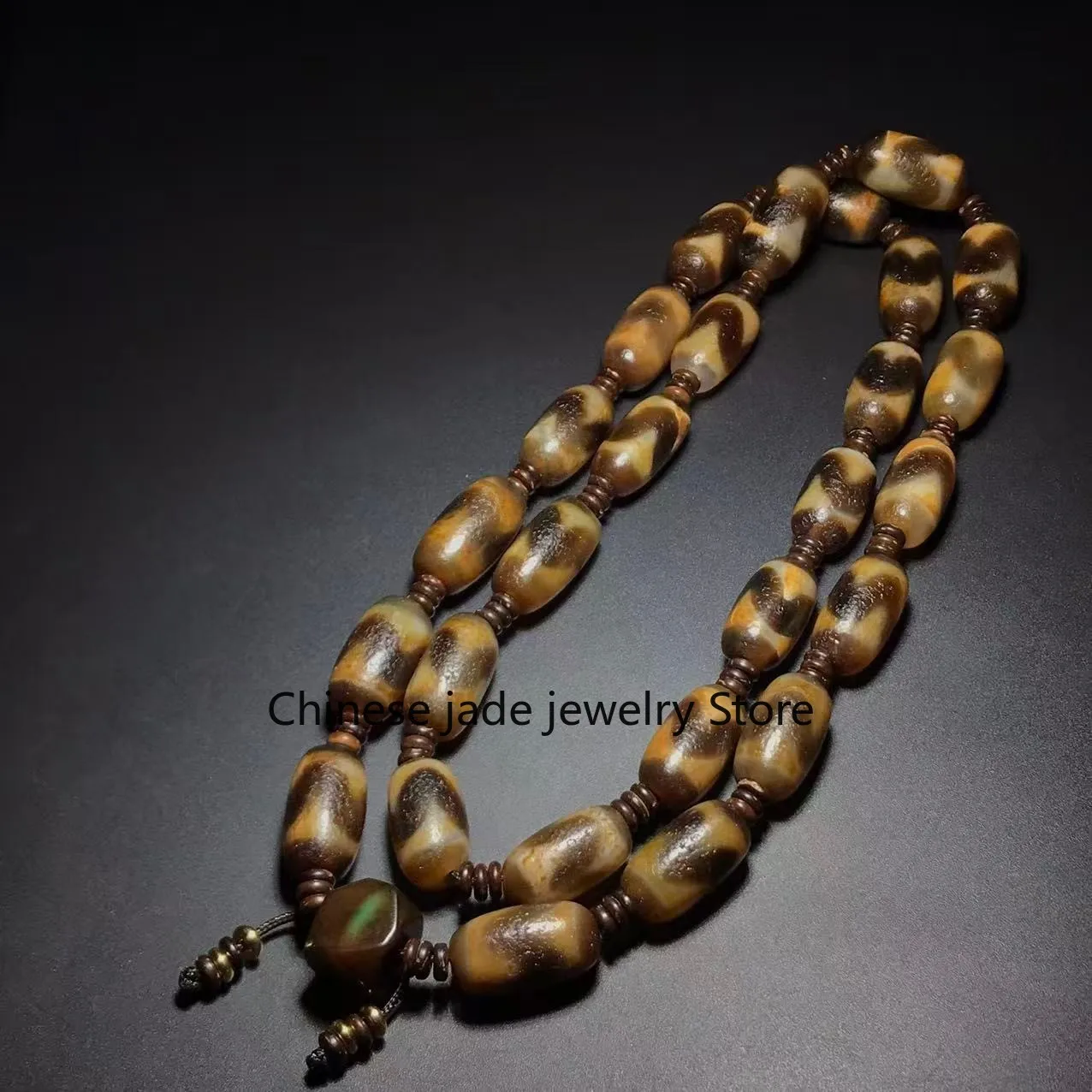 Unique Tibetan Old Agate DZi *Tiger Teeth* Amulet Beads Necklace J0408