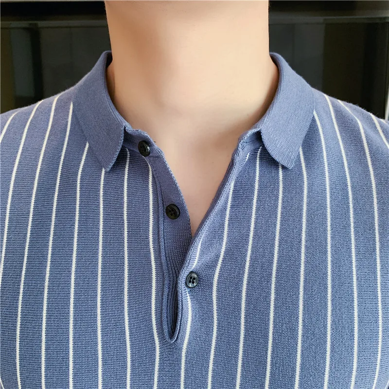 British Style Summer New Vertical Stripes Men Polo Shirt Short-Sleeved Slim Fit Lapel Stretch Knitted T-shirt Plus Size 4XL-M