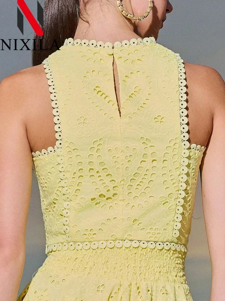 New Spring Summer Elegant Casual Two-Piece Set Hollow Out Sleeveless Top with Embroidered Pocket Long Skirt Half Skirt Set for H