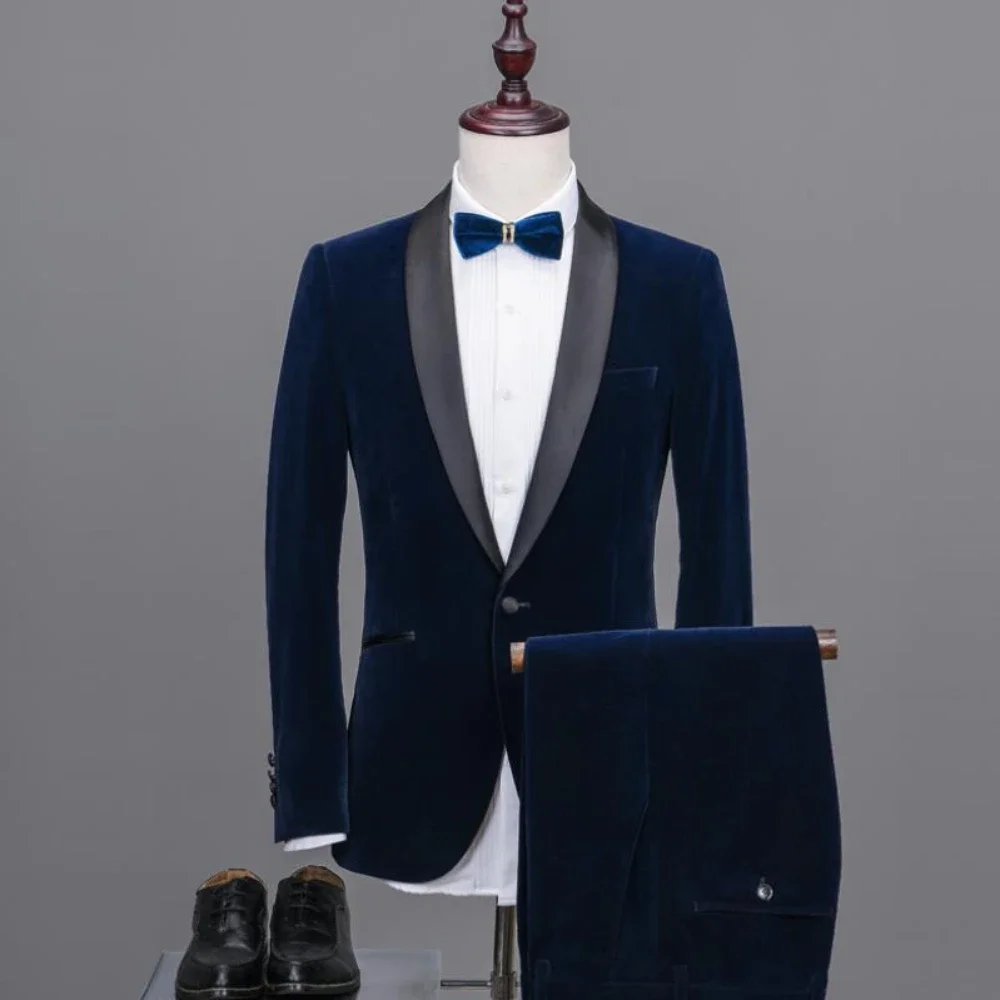 Formal Business Men Suits For Wedding 2 Pcs Groom Tuxedo Shawl Lapel Male Velvet Smoking Blazer With Trousers Fashion Costume image 3