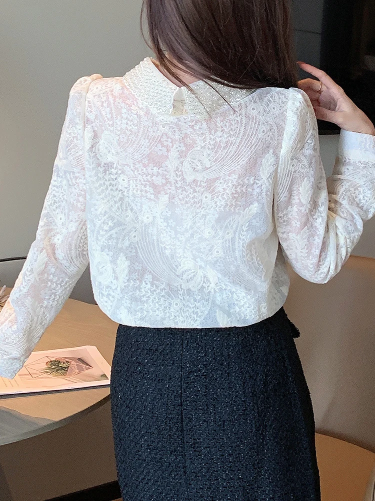 Stylish Beaded Hook Embroidered Blouse Women Long Sleeve Shirts Turn-Down Collar Elegant Office Ladies Shirts Female 2025 New