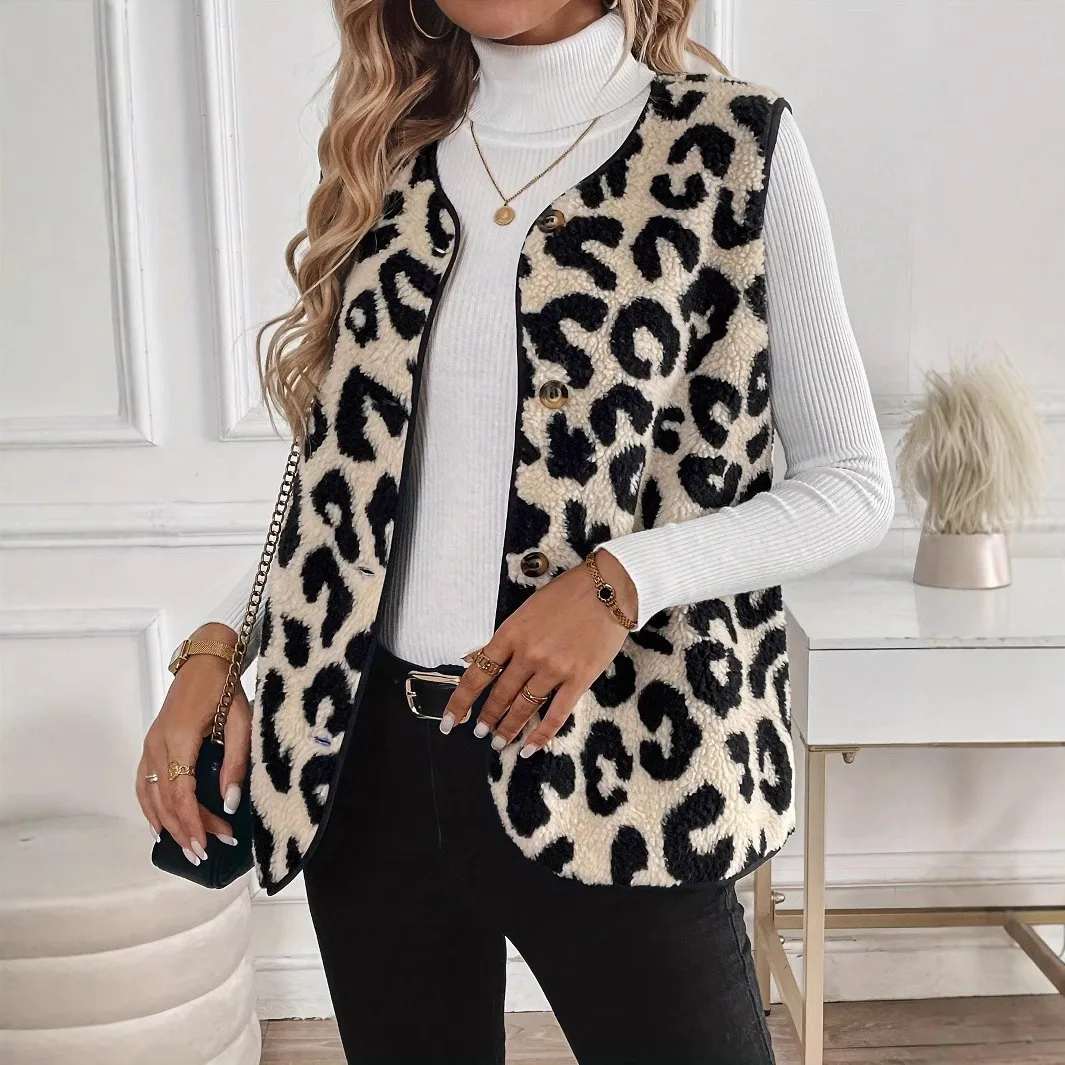 

2025 Women Autumn Winter Vest New Leopard Print Single-Breasted Fashion Plush Vest Sleeveless Jacket Coat