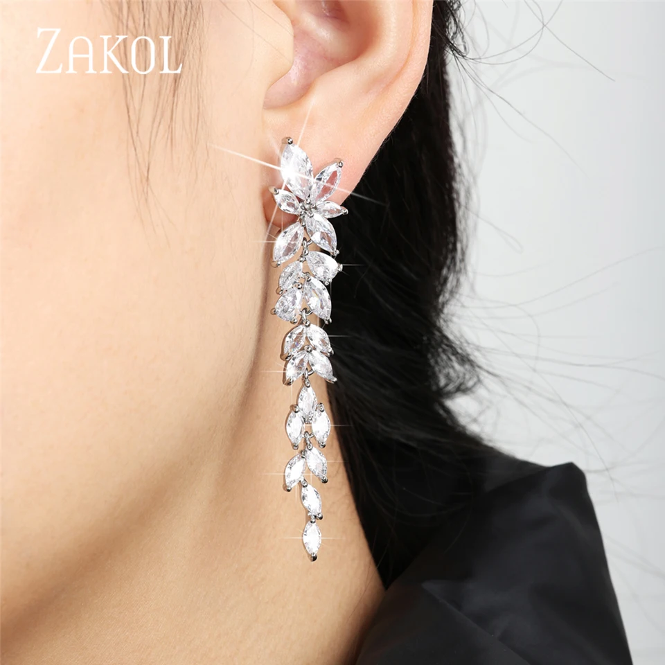 ZAKOL Luxury Marquise Cluster Shiny Leaf Shape Cubic Zirconia Long Dangle Drop Earrings for Brides Wedding Jewelry FSEP2605