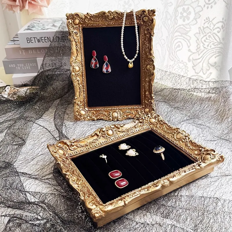 

Mutihome European Living Room Baroque French Retro Ring Display Rack Jewelry Tray Velvet Headpiece Earrings Necklace Jewelry Box