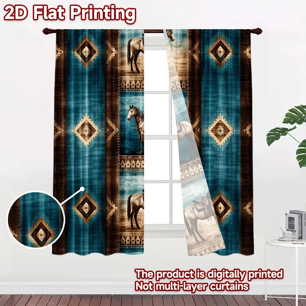 2pcs Blue Horse Print Curtains Boho Tribal Equestrian Drapes Western Style Geometric Pattern Living Room Window Decor Curtains