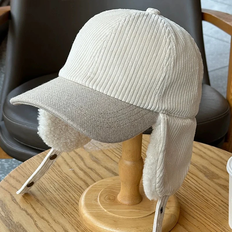 Winter Thickened Corduroy Baseball Cap 6 Panel Plain Dad Hat Keep Warm Cold-Proof Cap with Ear Flaps