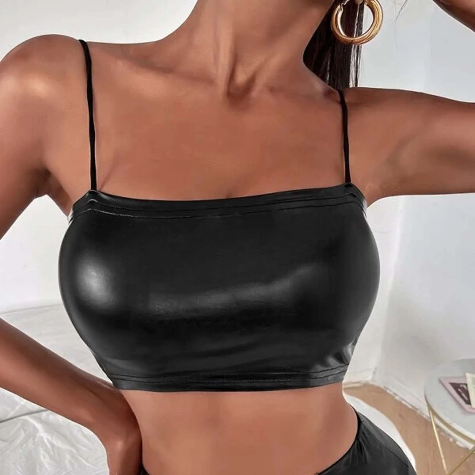 Women Sexy Black Latex Leather Crop Top Spaghetti Strap Sexy Tank Tops Ladies Vest Summer Backless Y2k Vest Tops Clubwear