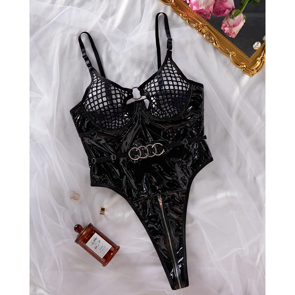 ملابس داخلية نسائية مثيرة مجوفة ، جلد صناعي ، حلقة دائرية تيدي ، حزام سباغيتي ، تصميم بسحاب ، بدلة جسم نسائية ، ملابس داخلية رومانسية ، ملابس داخلية