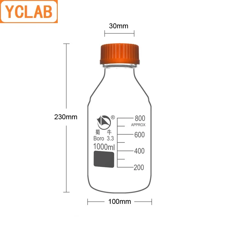 YCLAB 1000mL Reagent Bottle 1L Screw Mouth with Blue Cap Boro 3.3 Glass Transparent Clear Medical Laboratory Chemistry Equipment