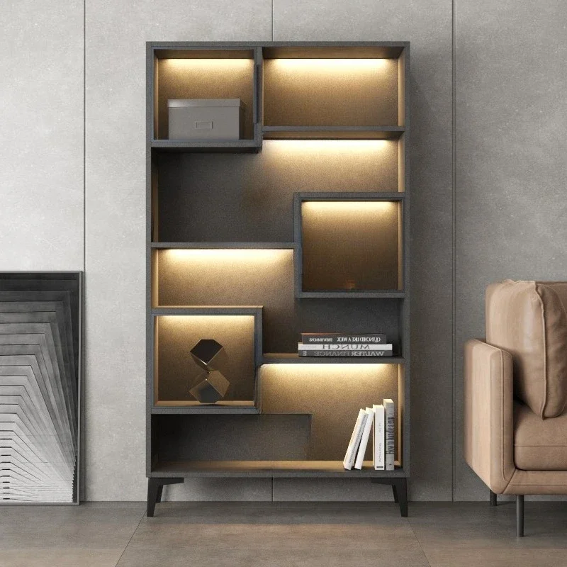 Glass door display cabinet Floor-to-ceiling figure Solid wood bookcase with lamp Glass Standing cabinet