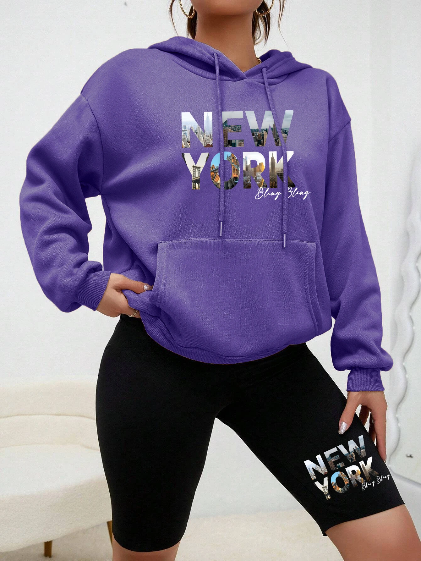 

New York Scenery Printing Women'S Hoodie Set Autumn Fleece Streetwear Casual Trendy Black Pant Loose All-Match Woman Unisex Set
