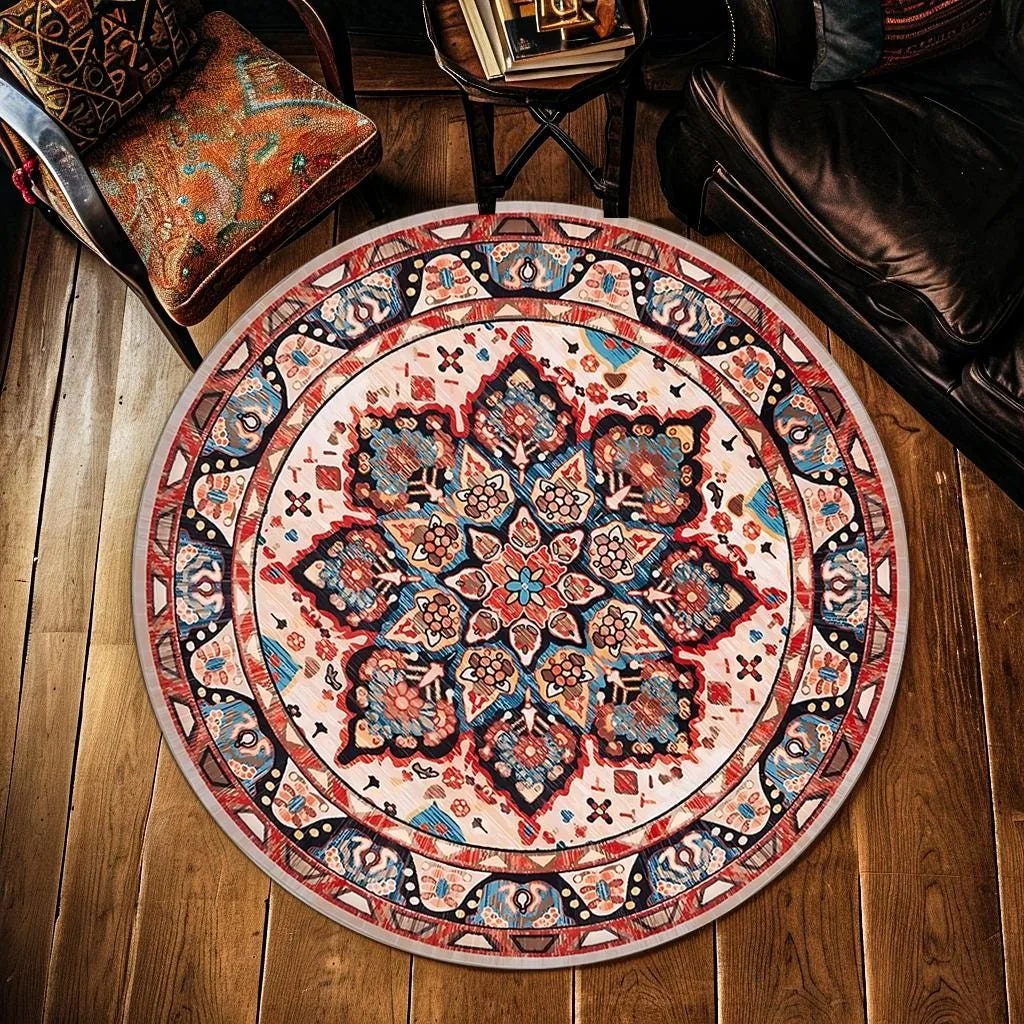 Colorful Distressed Round Area Rug Vibrant Folk Floral Circle Carpet Non Slip Washable Aesthetic Bedroom Playroom Decor