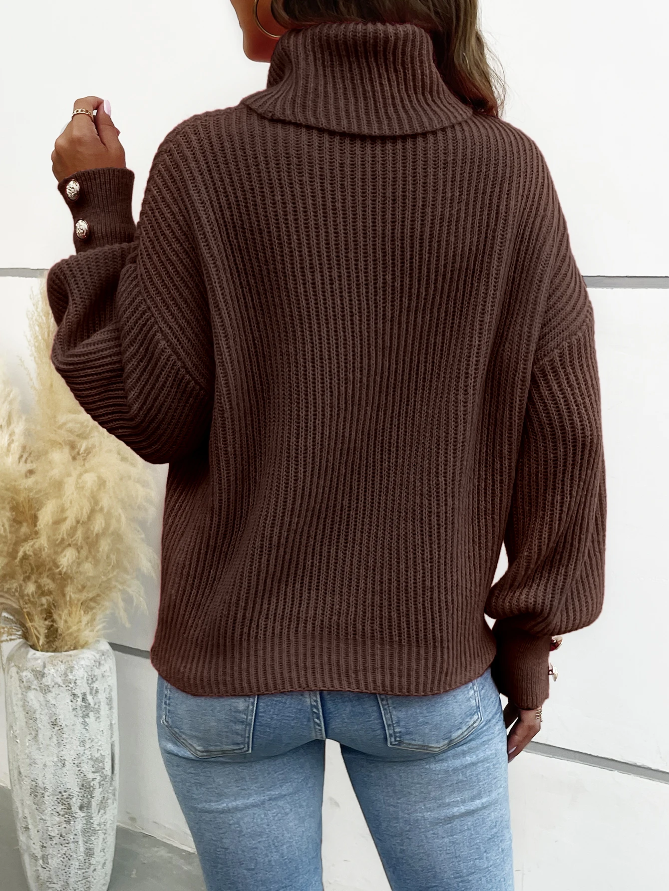 Vintage High Collar Sweater Loose Button Sweater Autumn Winter Brown Casual Women Sweater Fashion Elegant All-match Top