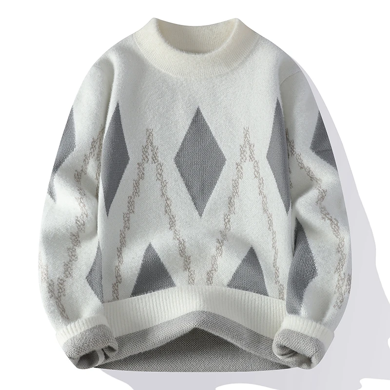

Мужской модный свитер с ромбовидным узором, новинка 2025 года, модный мужской вязаный пуловер, модные осенне-зимние теплые топы с круглым вырезом
