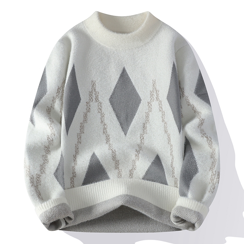  Men's Fashion Sweater Diamond Pattern 2025 New Trendy Men's Knitted Pullover Fashion Autumn/Winter Round Neck Warm Tops 