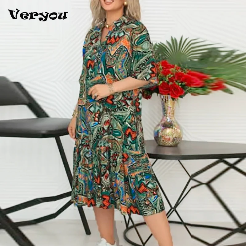 

Летнее свободное платье больших размеров, женское повседневное платье миди с v-образным вырезом и коротким рукавом с винтажным принтом для женщин, пляжное праздничное платье 2025