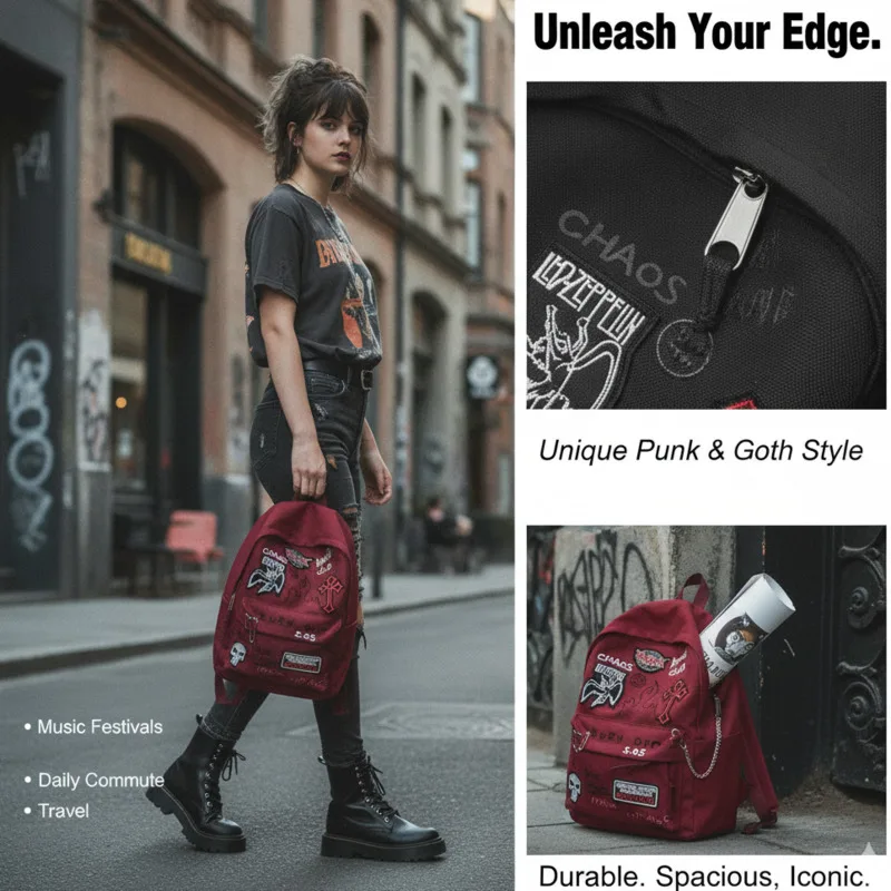 

Punk Backpacks Waterproof Canvas School Bag Large Capacity Laptop Backpack For Students Travel Daily Commute Rock Fashion Gift