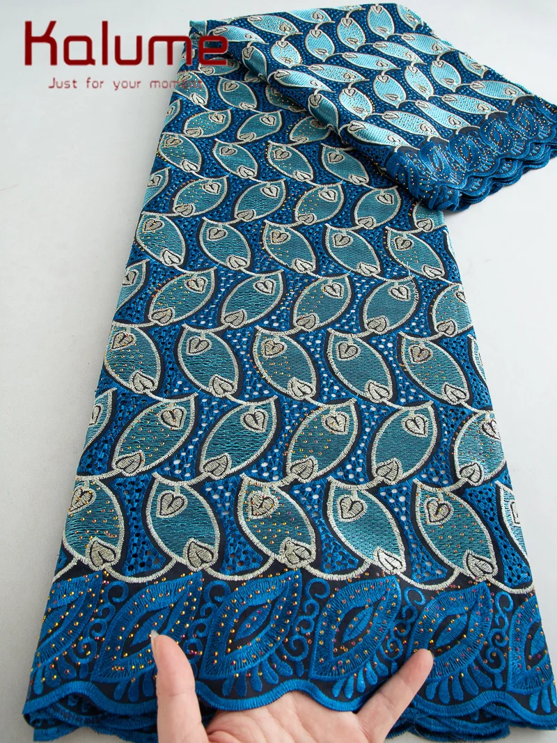 Kalume 2025 African Cotton Lace Fabric Flower Lace Fabric Stones 5yards Swiss Voile Lace Fabric For Sewing Wedding Dress F4495