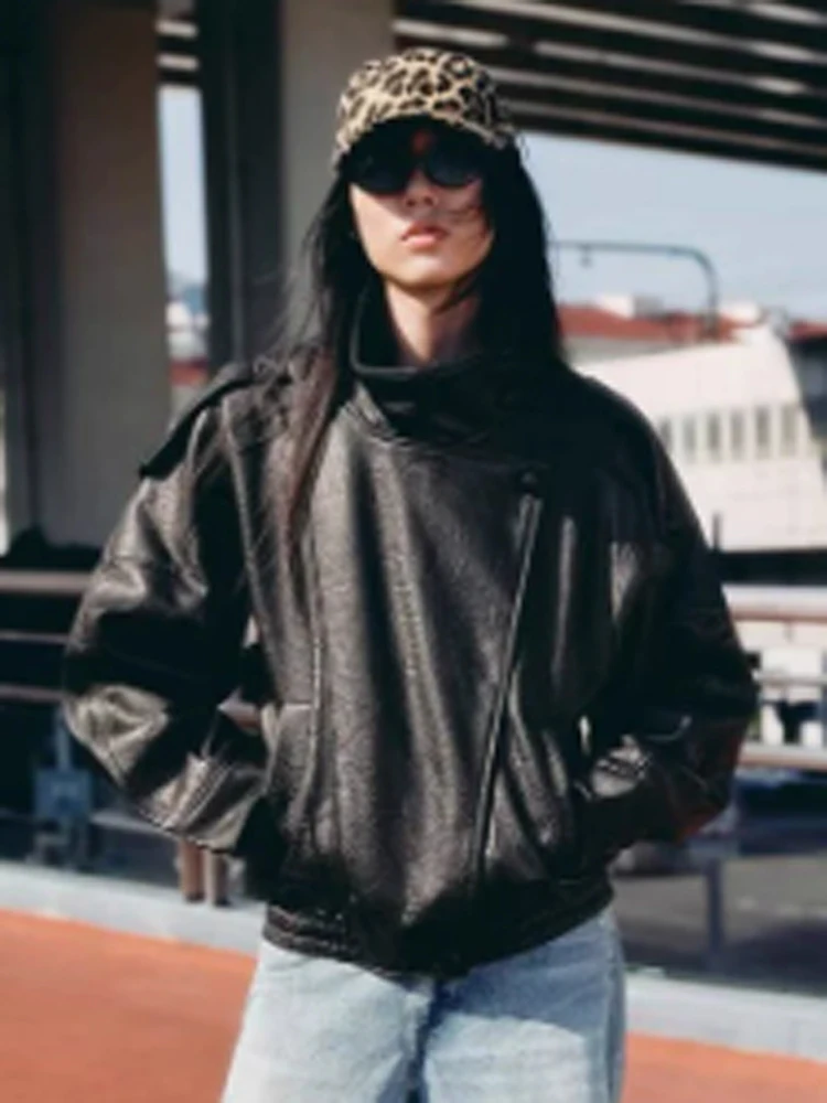 Retro Stand Collar Leather Jacket Women Solid Long Sleeve Lapel Zipper Short Loose Jackets 2026 New Lady Spring Autumn Outwears