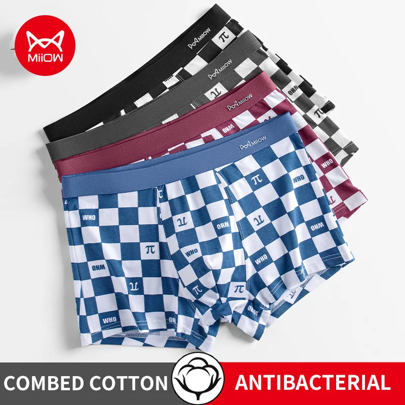 

MiiOW 3Pcs Cotton Men Underwear Boxers 7A Antibacterial Men's Panties Breathable Man Plaid Underpants Mens Boxershorts Trunks