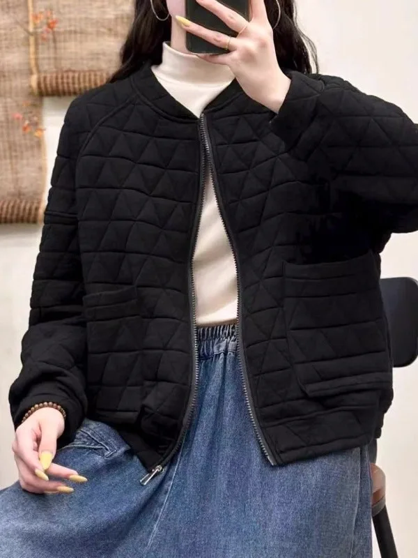 

Autumn Winter Casual Quilted Jacket Large Size Women's Zipper Collar Long Sleeve Double Pocket Jacket Trendy Commute Style